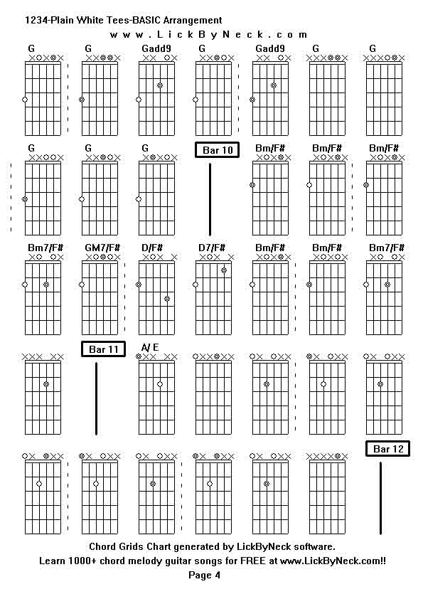 Chord Grids Chart of chord melody fingerstyle guitar song-1234-Plain White Tees-BASIC Arrangement,generated by LickByNeck software.